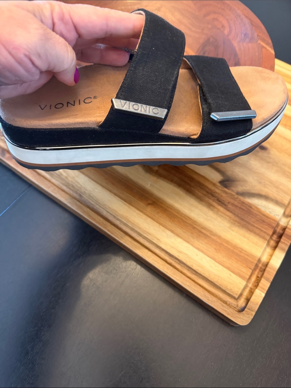 Vionic Black Cross-Strap Slide Sandals with Tan Footbed - Picture 3 of 7
